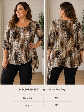 Made in Canada 1X Animal Print Asymmetrical Tunic Top Brown Beige Plus Size